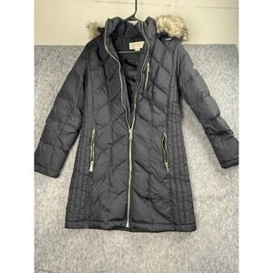 Michael Kors Women's Small Black/Gold Down Filled Faux Fur Trim Hooded Jacket